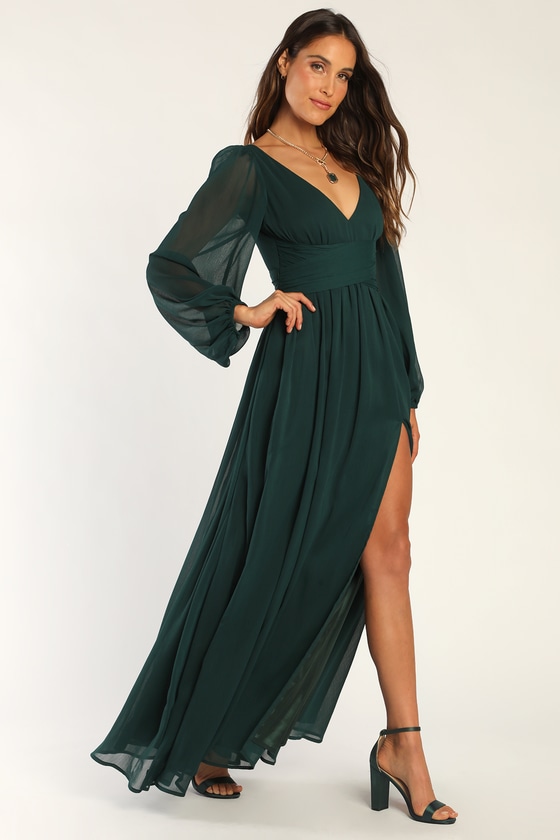 Click for outfit details! // Emerald green long-sleeve floor-length wrap  dress, black and gold geometric pattern … | Trendy dresses, Nice dresses, Long  sleeve dress