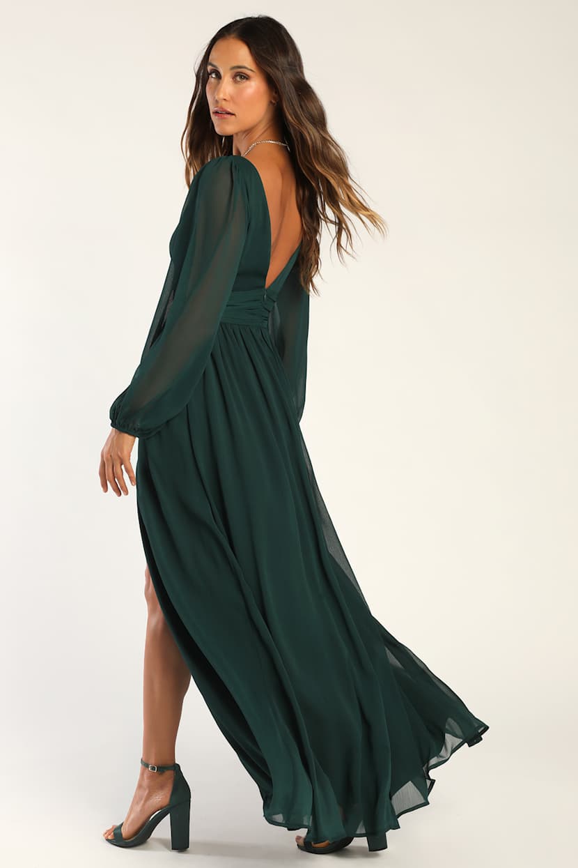 Emerald Green V-Neck Long Sleeve Maxi Dress | Womens | Small | 100% Polyester | Lulus | Bridesmaid Dresses | Gowns | Holiday | Prom