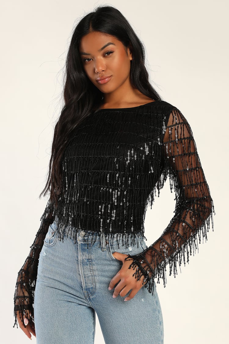 Black Sequin Top - Sequin Fringe Top - Long Sleeve Crop Top - Lulus