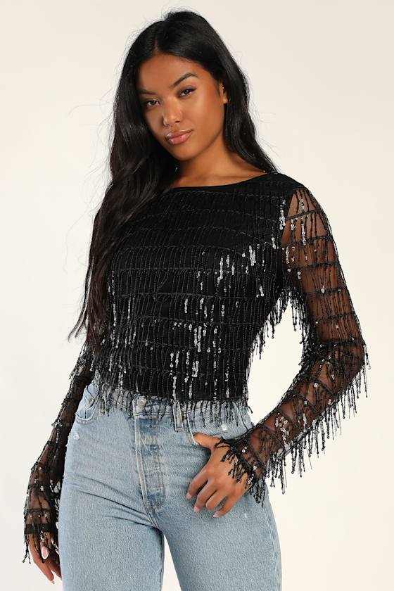 Black Sequin Top Sequin Fringe Top Long Sleeve Crop Top Lulus