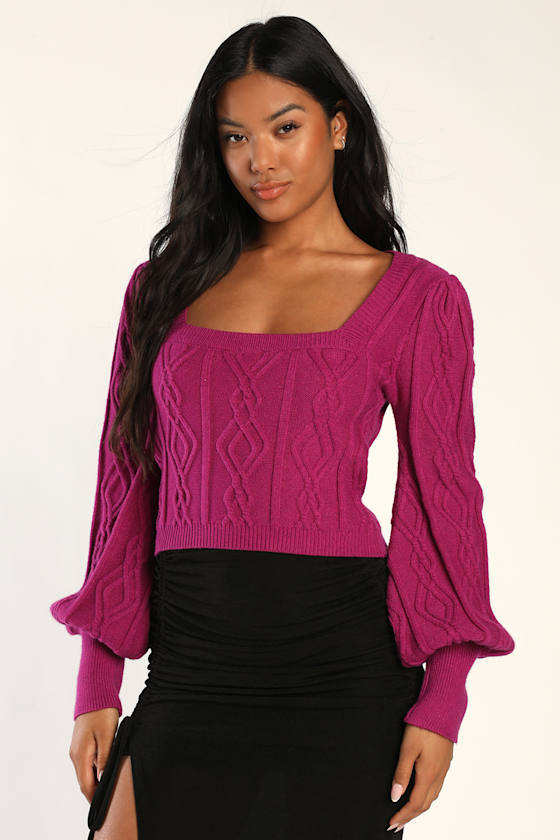 Cropped Puff Sleeve Sweater in Purple main image 1