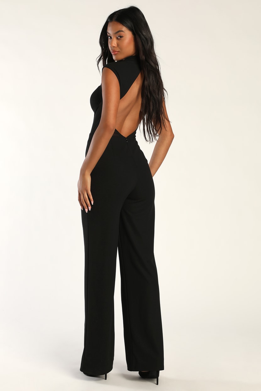 All The Allure Black Cutout Mesh Backless Jumpsuit