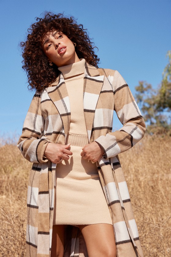 City Mornings Ivory and Beige Plaid Trench Coat
