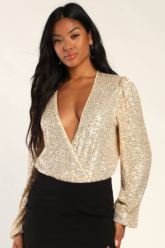 Never Ending Glam Champagne Sequin Surplice Bodysuit 2