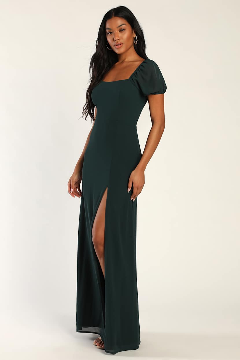 emerald green puff sleeve dress Green Puff Sleeve Mock Neck Back Knot Tiered Dress Green / M / 100%Polyester main image 1