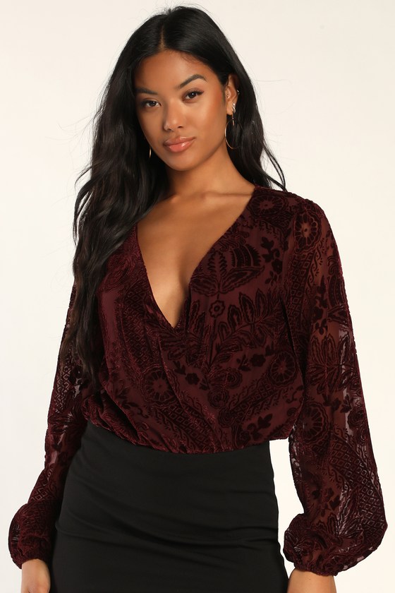 Laura Bodysuit - Longsleeve Velvet Burn Out Bodysuit in Black Floral