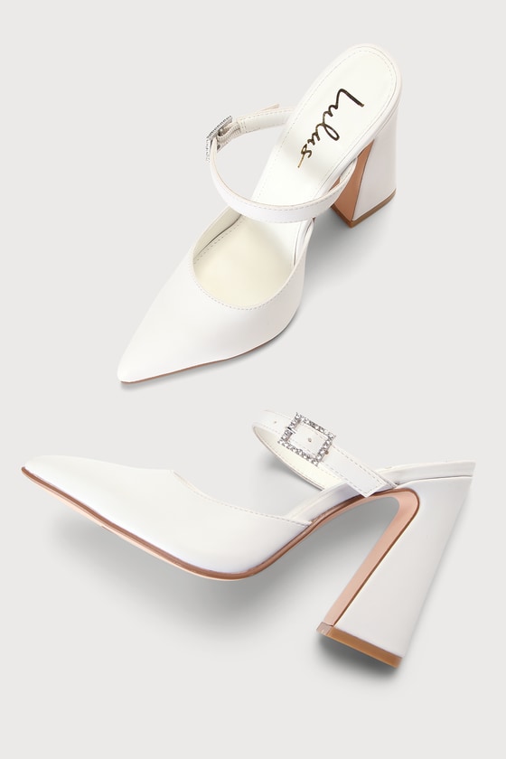 White Faux Leather Mules - Block Heel Mules - Pointed Toe