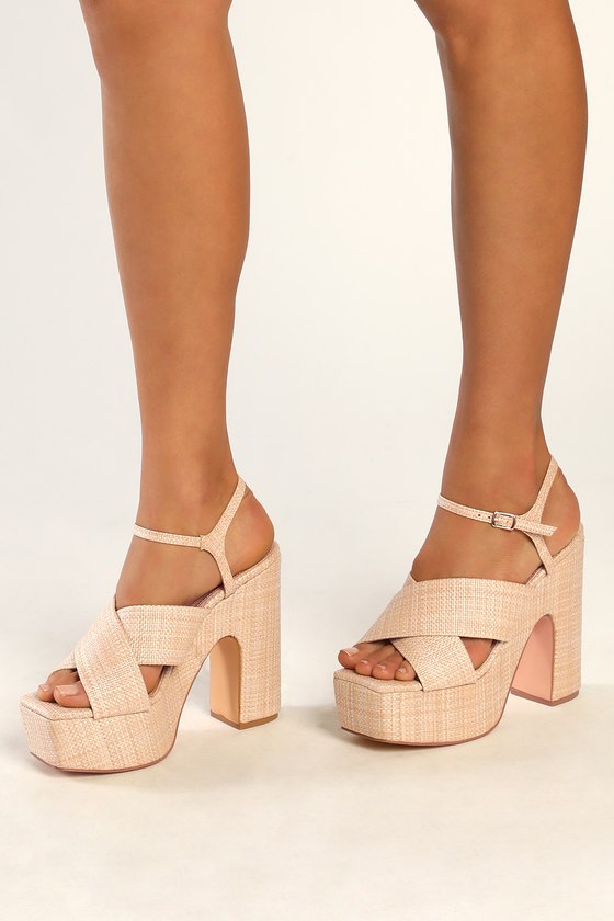 Lulus Neff Natural Raffia Platform Square-toe High Heel Sandal Heels In Beige