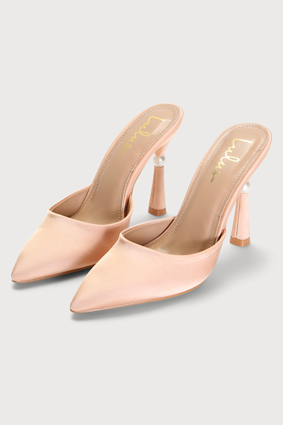 Caceyy Champagne Satin Pearl Sculpted High Heel Mule 4