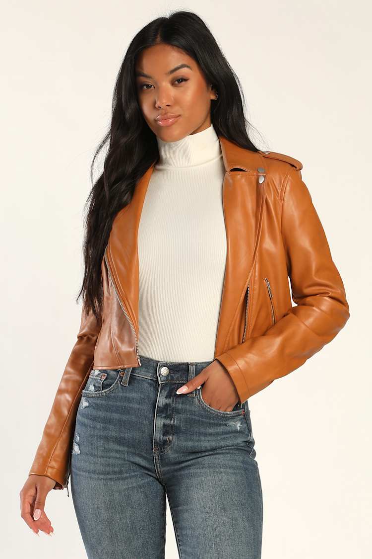 Tan Cropped Moto Jacket - Vegan Leather Jacket - Moto Jacket - Lulus