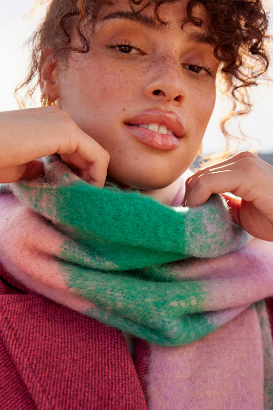 Cue the Comfort Green and Pink Plaid Oversized Scarf 6