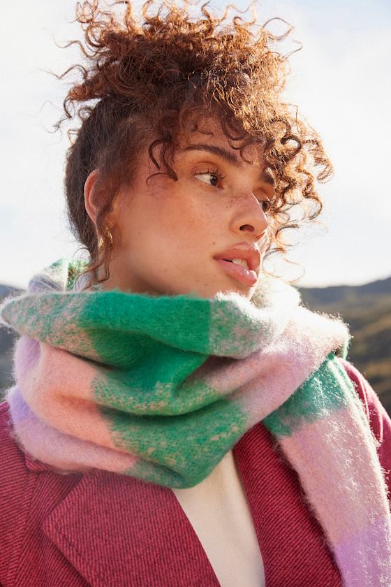 Cue the Comfort Green and Pink Plaid Oversized Scarf 7