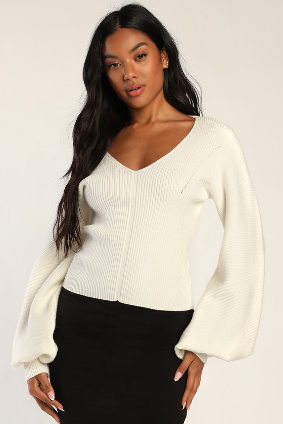 Ivory Sweater - Balloon Sleeve Sweaters - Ribbed Knit Sweater - Lulus