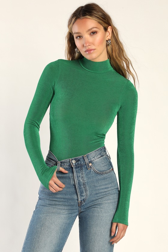 Green Bodysuit - Mock Neck Top - Green Long Sleeve Bodysuit - Lulus
