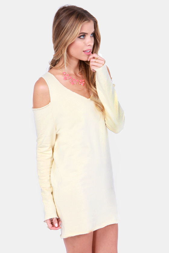 Stylish Cream Dress Sweatshirt Dress Cold Shoulder Dress 49.00