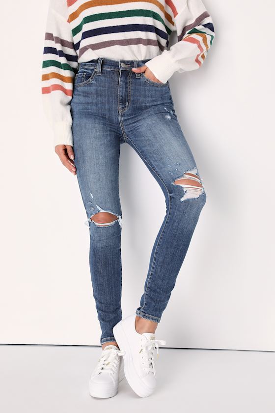 Distressed Medium Wash Skinny Jeans main image 1