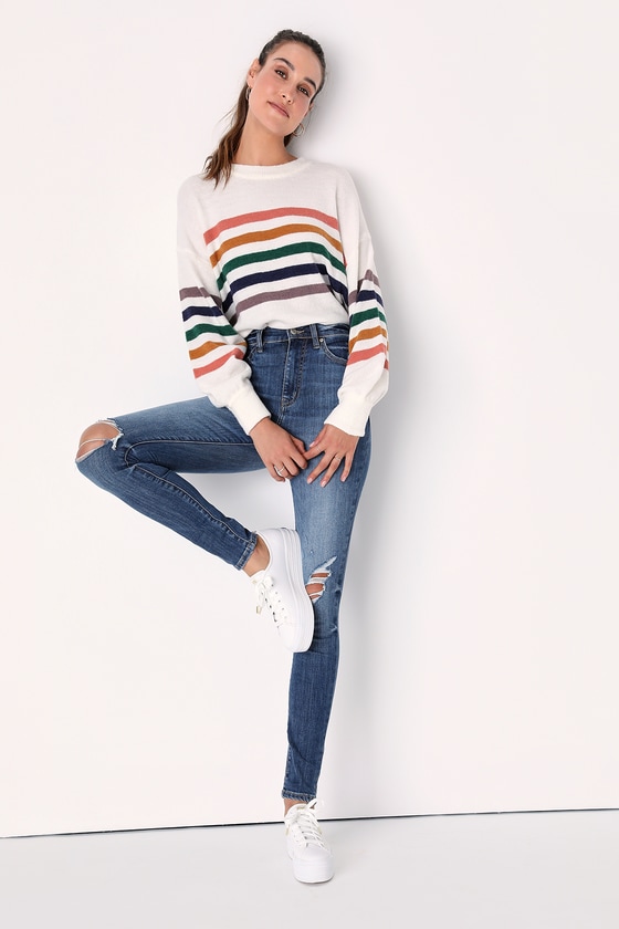 Medium Wash Skinny Jeans - Ripped Skinny Jeans - Ankle Jeans - Lulus