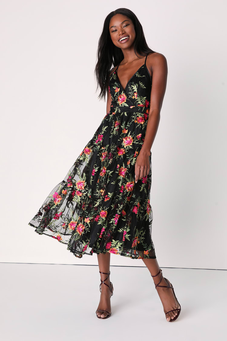 Garden Gathering Black Floral Embroidered Midi Dress