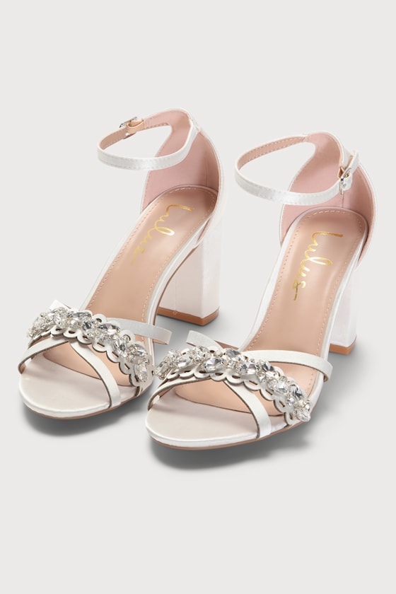 Danteh Ivory Satin Rhinestone Ankle Strap Heels 3