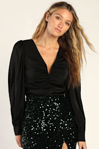 Exceptional Elegance Black Satin Bishop Sleeve V-Neck Top 2