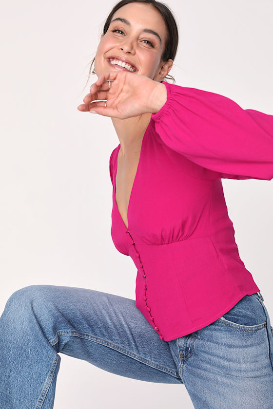 Conversation Starter Fuchsia V-Neck Long Sleeve Button-Up Top 2