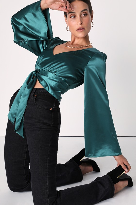 Emerald Green Satin Top - Tie-Front Top - Bell Sleeve Satin Top - Lulus