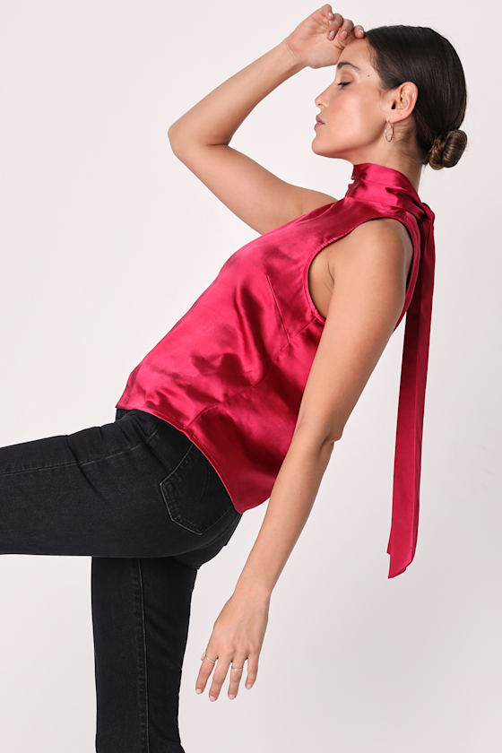 There She Bows Fuchsia Satin Tie-Back Sleeveless Top 5