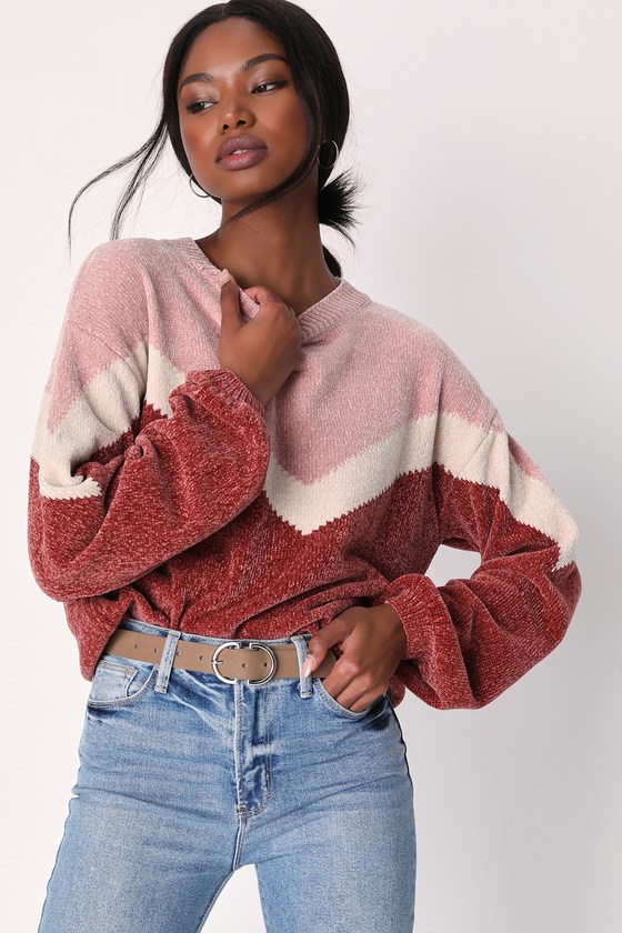 Lulus Constant Cuddles Pink Chevron Chenille Knit Sweater