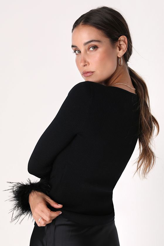 Material Girl Black Ribbed Feather Cuff Sweater Top - thumbnail 5