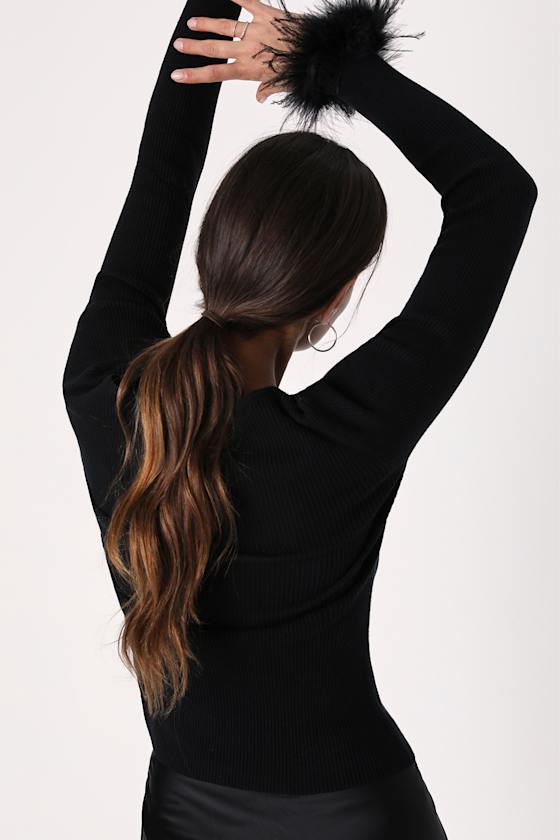 Material Girl Black Ribbed Feather Cuff Sweater Top - thumbnail 6