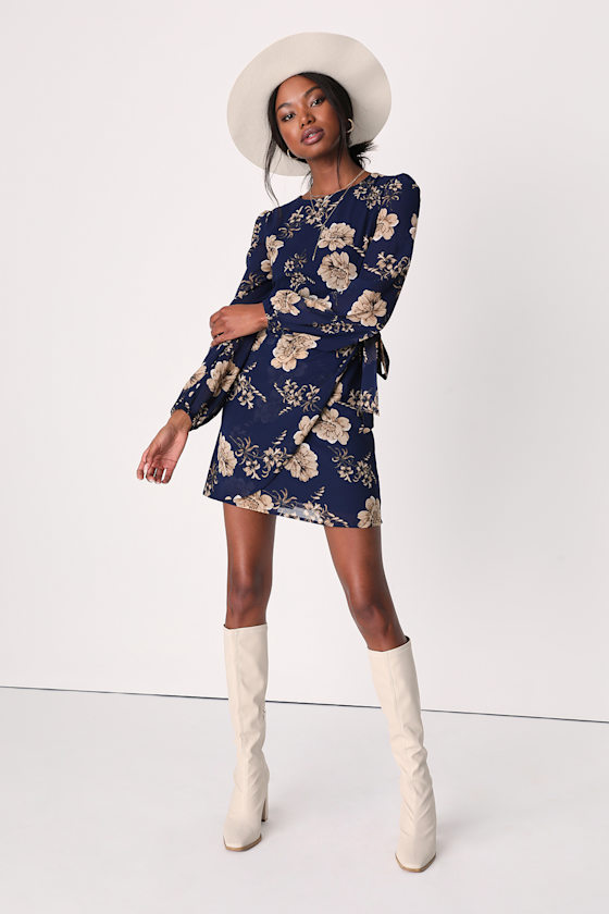 Navy Blue Floral Dress - Long Sleeve Dress - Faux Wrap Mini Dress - Lulus