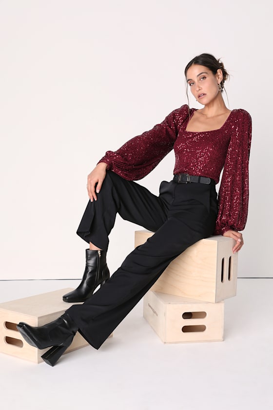 Stay Shining Burgundy Sequin Square Neck Long Sleeve Top 2