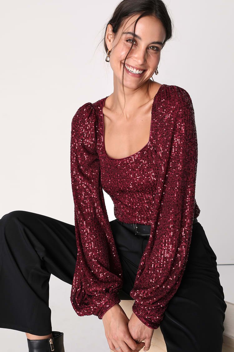 Burgundy Sequin Top - Balloon Sleeve Top - Women's Tops - Lulus