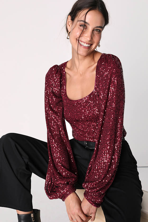 Stay Shining Burgundy Sequin Square Neck Long Sleeve Top 7