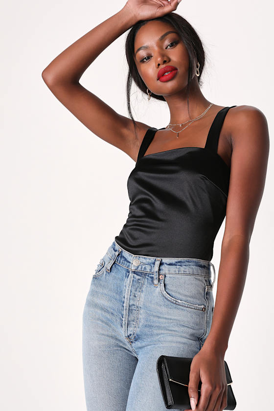 Black Bodysuit Satin Bodysuit Shiny Tank Bodysuit Lulus