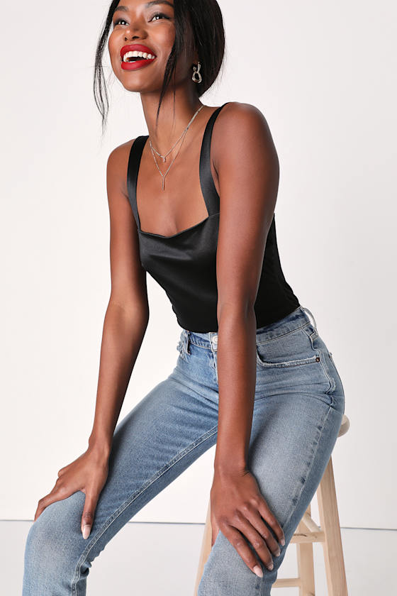 Black Bodysuit Satin Bodysuit Shiny Tank Bodysuit Lulus