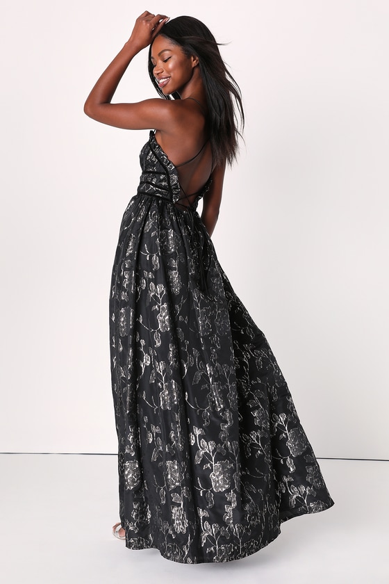 Black and Silver Maxi Dress - Floral Jacquard Dress - Black Gown