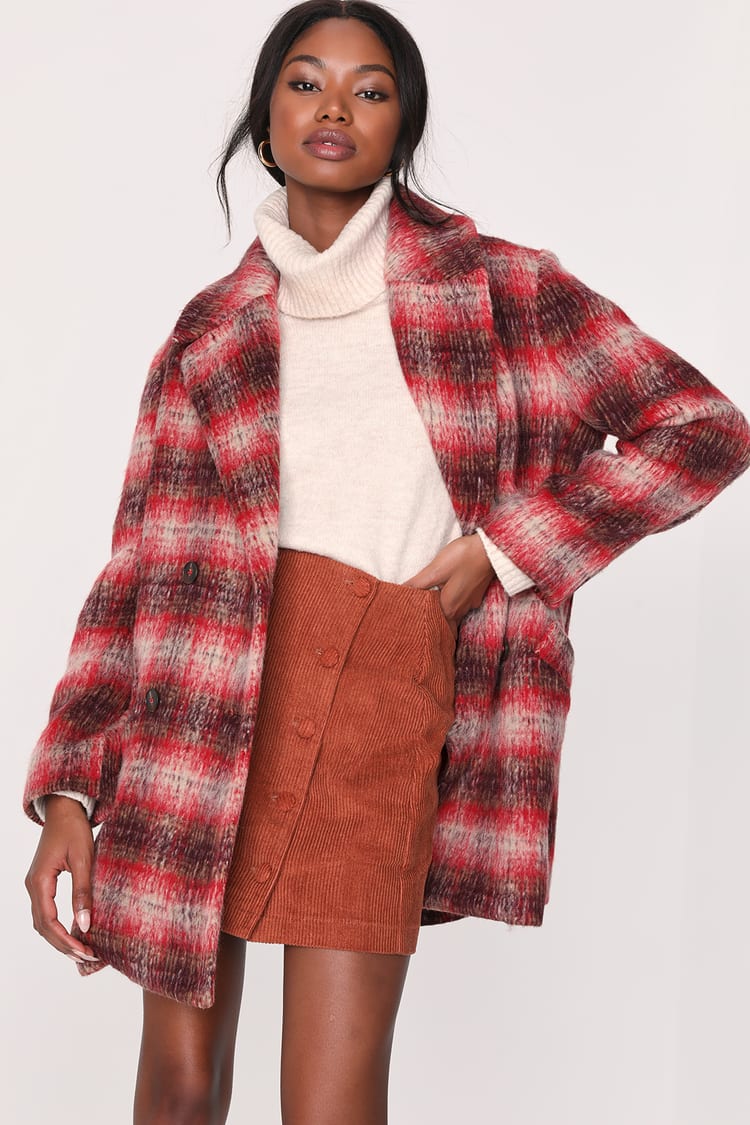 City Chic Red Plaid Double Breasted Peacoat