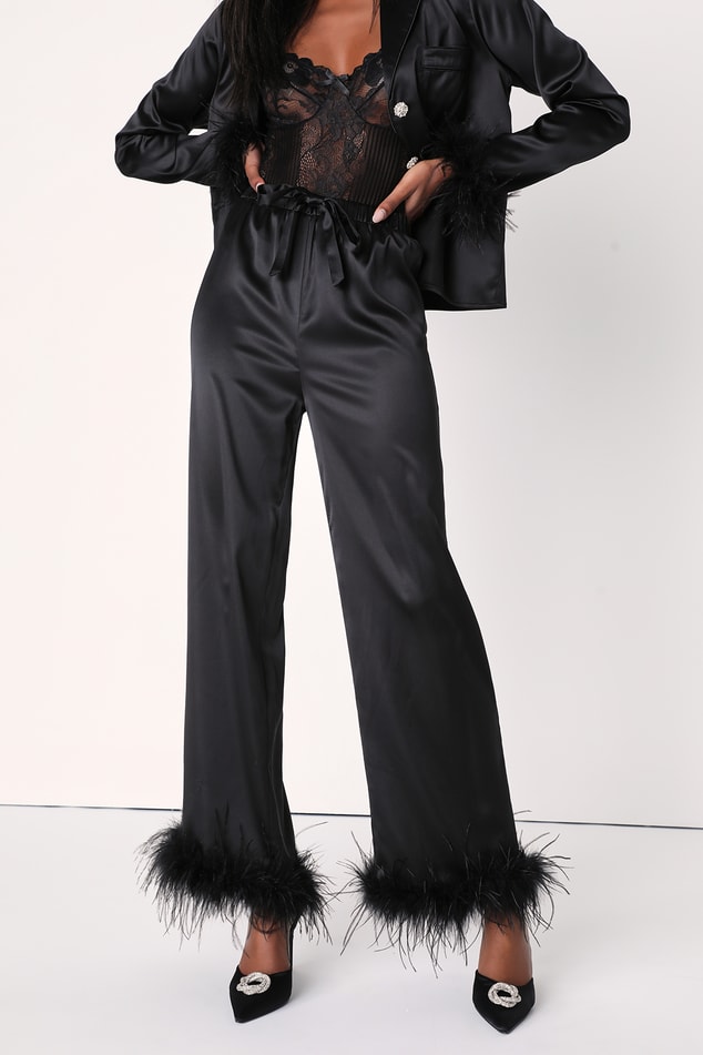 Black Satin PJ Set - Feather-Trimmed PJ Set - Black Pajamas - Lulus