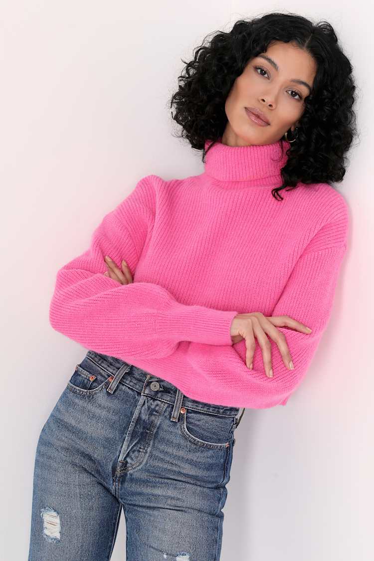Hot Pink Sweater Bright Pullover Sweater Mock Neck Sweater
