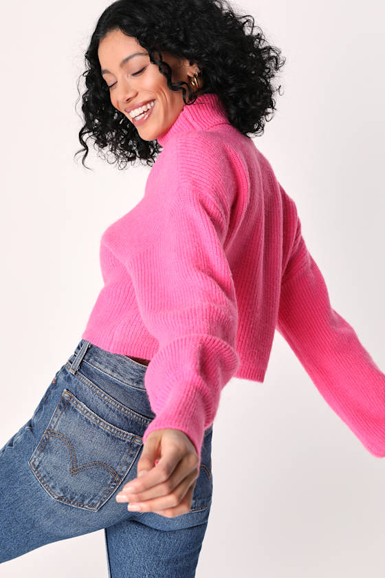 Hot Pink Sweater Turtleneck Sweater Cropped Turtleneck Lulus