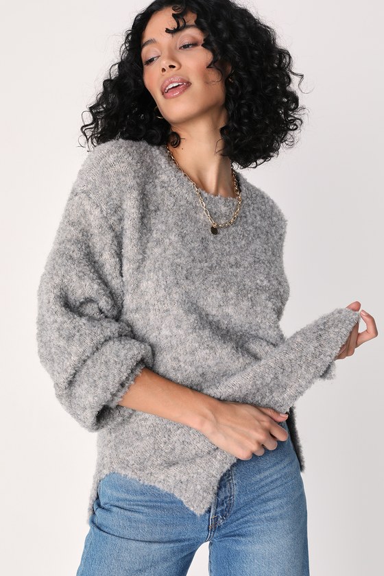 Pullover Sweater - Heather Grey Sweater - Fuzzy Knit Sweater