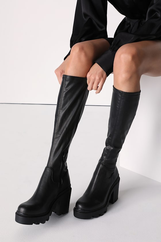 Roxanna Black Lug Sole Block Heel Knee-High Boots 1