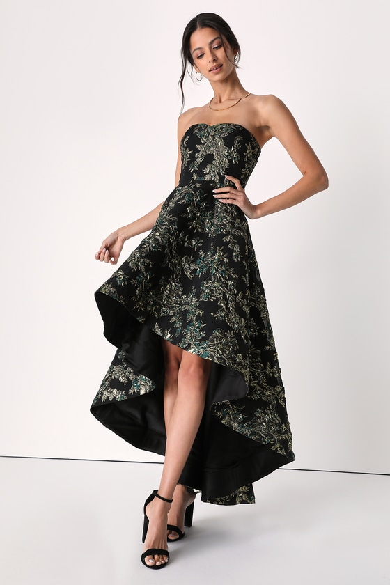 All Romance Green Floral Jacquard Strapless High-Low Dress