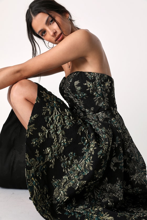 All Romance Green Floral Jacquard Strapless High-Low Dress