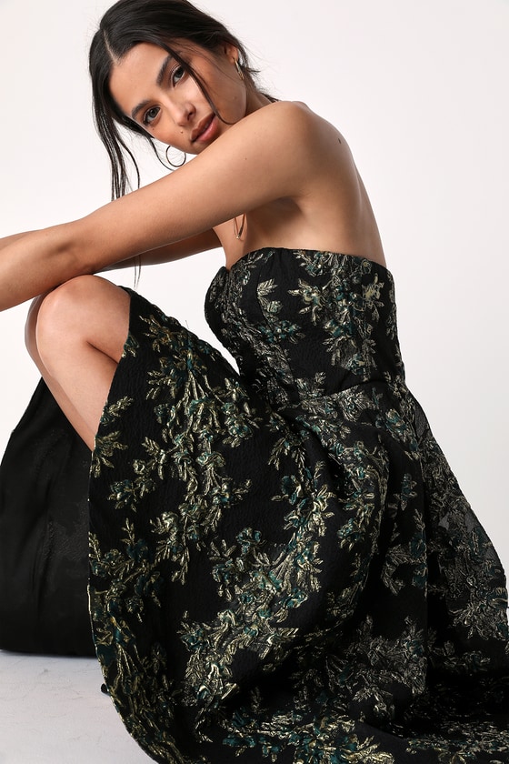 Green Floral Dress - Jacquard High-Low Dress - Strapless Gown - Lulus