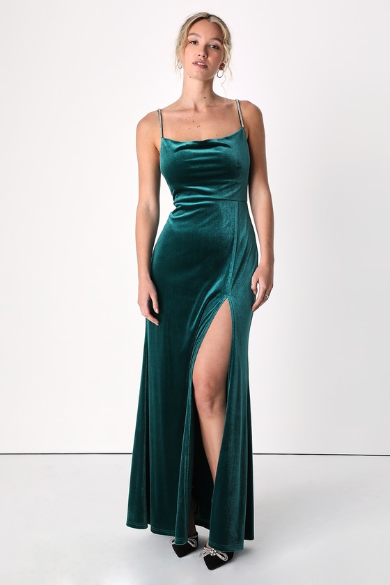 Teal Green Velvet Dress - Rhinestone-Embellished Maxi Dress - Lulus