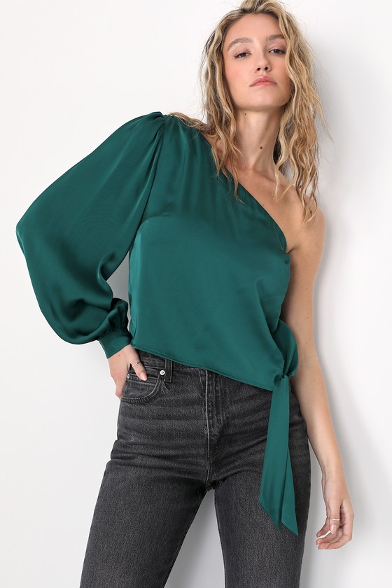 Lulus Effortlessly Radiant Emerald Green Satin One-shoulder Top