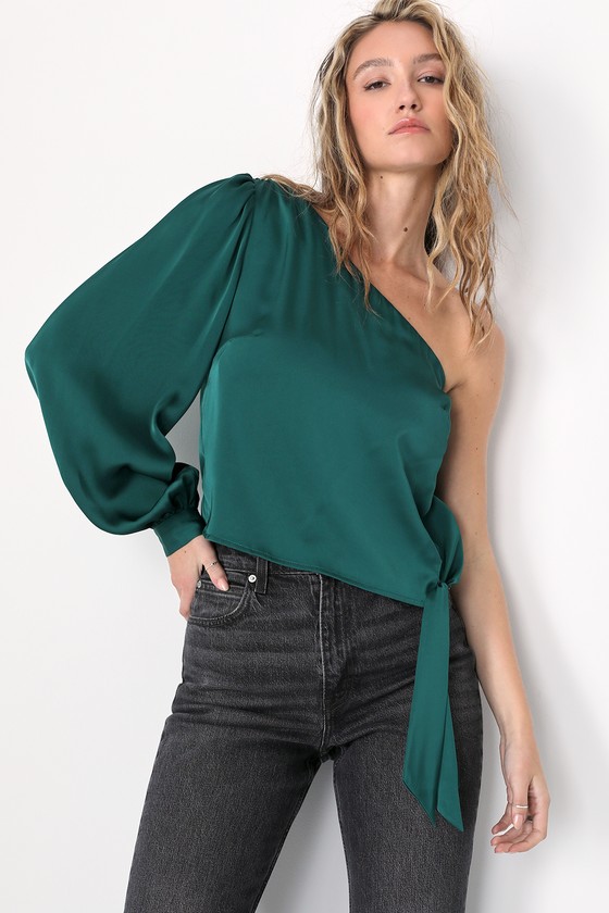 Emerald Green One-Shoulder Top - Satin Top - One Shoulder Blouse - Lulus