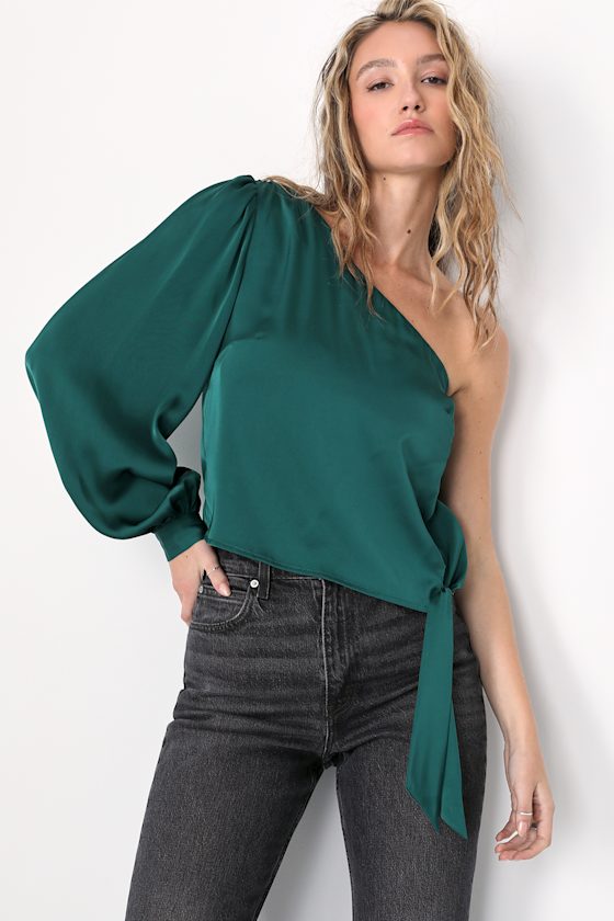 Effortlessly Radiant Emerald Green Satin One-Shoulder Top 1
